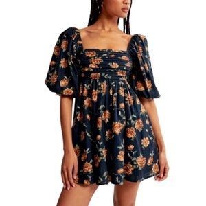 Abercrombie & Fitch NWT Emerson Linen-Blend Puff Sleeve Mini Dress Navy Floral M